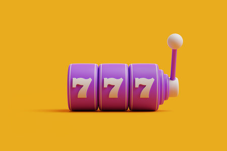Striking purple slot machine showcasing the lucky triple seven on a vivid orange background, symbolizing excitement and good luck. 3D render illustrationの写真素材