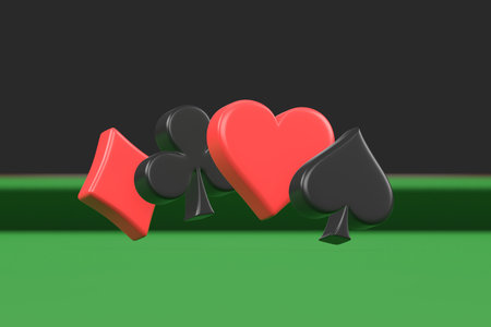 Three-dimensional poker suit icons prominently displayed on a green surface. 3D render illustration