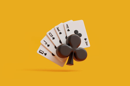 A royal flush in clubs rises behind a large poker chip, with the bright yellow background emphasizing the thrill of a winning poker hand. 3D render illustrationの写真素材