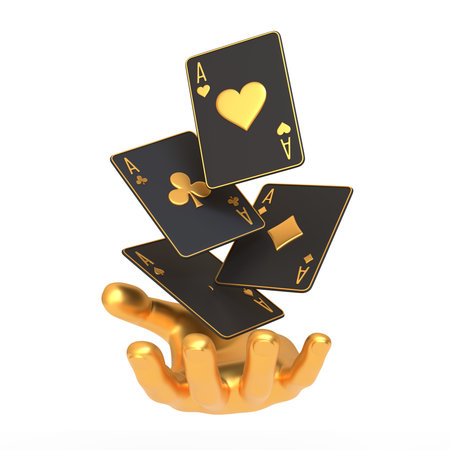 A 3D image of a golden hand flipping a set of aces on a white background, symbolizing luck and...