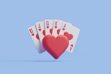 A charming display of a royal flush in hearts, crowned with a heart icon, stands out on a calming blue background, representing love and luck in the game. 3D render illustrationの写真素材