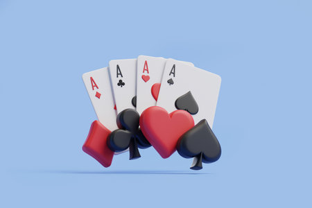 A powerful hand of four aces, interspersed with colorful poker chips, set against a soothing light blue background, signifying high-ranking card hands. 3D render illustrationの写真素材