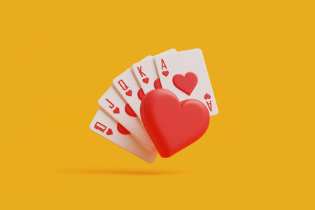 An engaging royal flush in hearts complemented by a heart-shaped chip creates a visually appealing theme on a vibrant yellow background. 3D render illustrationの写真素材