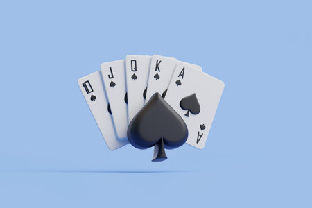 A royal flush of spades stands bold against a blue background, accented by an oversized black spade, invoking the classic high-stakes poker ambiance. 3D render illustrationの写真素材