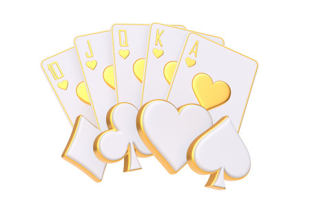 A luxurious royal flush in hearts with golden edges presents a flush of sophistication against a...