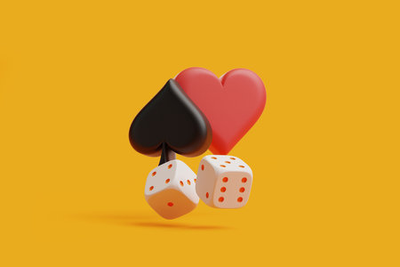 Stylized heart and spade poker suits paired with classic dice, all set against a striking orange background. 3D render illustrationの写真素材