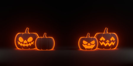Jack-o-Lantern pumpkins with bright glowing futuristic orange neon lights on black background. Happy Halloween concept. Traditional October holiday. 3D render illustrationの写真素材