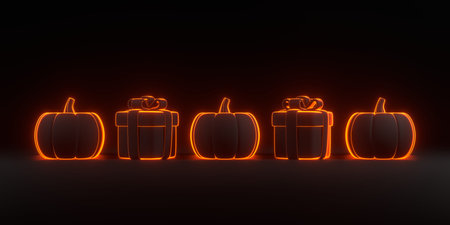 Cartoon gift boxes and Halloween Jack-o-Lantern pumpkins with bright glowing futuristic orange neon...
