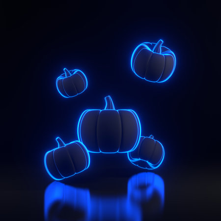 Jack-o-Lantern pumpkins floating with bright glowing futuristic blue neon lights on black background. Happy Halloween concept. Traditional October holiday. 3D render illustrationの写真素材