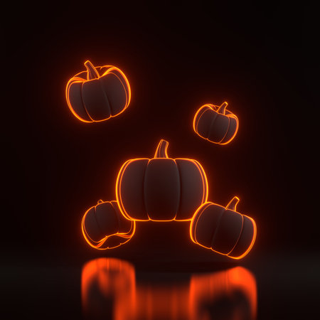 Jack-o-Lantern pumpkins floating with bright glowing futuristic orange neon lights on black background. Happy Halloween concept. Traditional October holiday. 3D render illustrationの写真素材