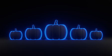Jack-o-Lantern pumpkins lined up with bright glowing futuristic blue neon lights on black background. Happy Halloween concept. Traditional October holiday. 3D render illustrationの写真素材