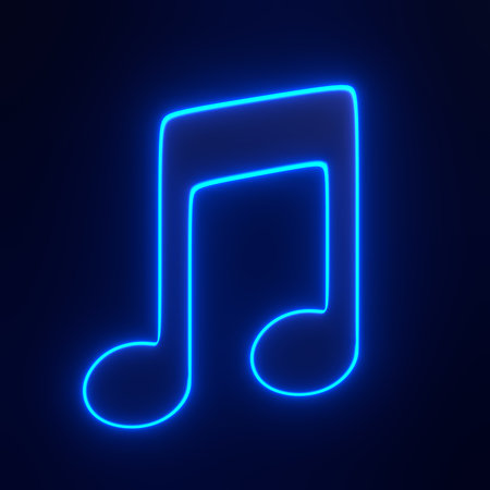Musical note with bright glowing futuristic blue neon lights on black background. 3D icon, sign and symbol. Cartoon minimal style. 3D render illustrationの写真素材