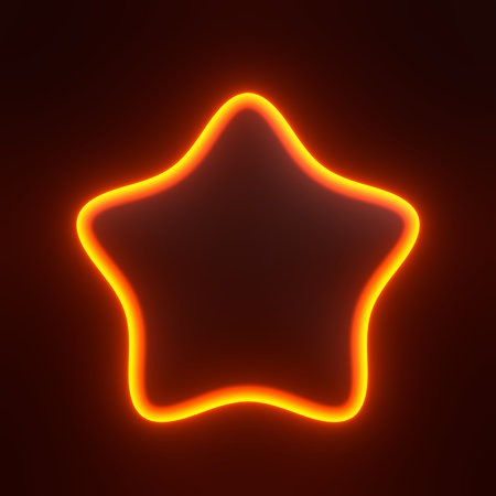 Star shape with bright glowing futuristic orange neon lights on black background. 3D icon, sign and symbol. Cartoon minimal style. 3D render illustrationの写真素材