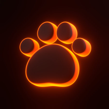 Paw print with bright glowing futuristic orange neon lights on black background. 3D icon, sign and symbol. Cartoon minimal style. 3D render illustrationの写真素材