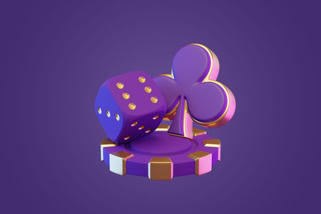 Purple casino set featuring a dice, club symbol, and chip on a matching purple background, evoking...