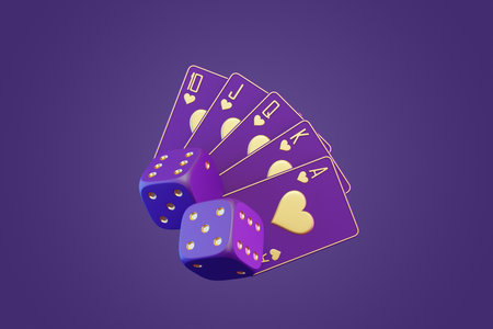 A royal flush of purple playing cards with golden hearts leans against a pair of matching purple dice, set against a monochromatic purple background. 3D render illustrationの写真素材