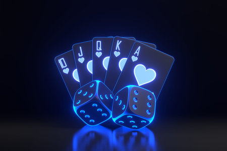 A glowing neon blue royal flush poker hand with heart symbols displayed with two luminous blue dice...