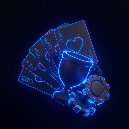 Set of poker cards glowing in neon blue with a matching trophy and poker chips depicted in a striking 3D illustration against a dark backdropの写真素材