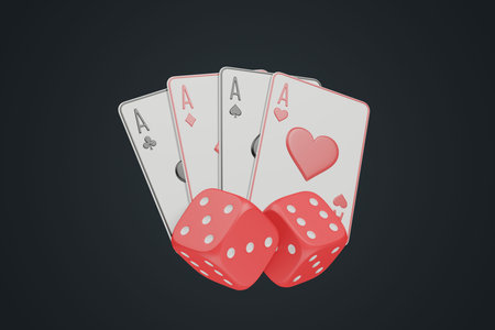 Four aces of different suits paired with bright red dice floating against a dark background,...