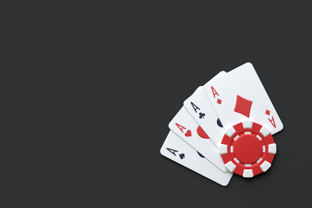Four aces from a deck of playing cards with a red poker chip on a dark background, symbolizing gambling and winning. 3D render illustrationの写真素材