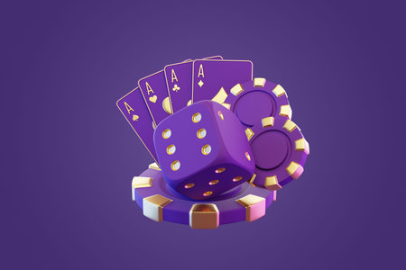 Elegant display of purple and gold casino items, including poker chips, dice, and playing cards with...