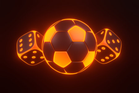 Glowing neon soccer ball with two dice on a dark background, symbolizing sports betting and gambling. 3D render illustrationの写真素材