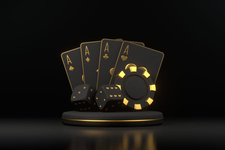 A vibrant image of poker cards, dice, and a black chip, symbolizing gambling, luck, and casino games...