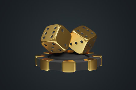 Golden dice resting on a black and gold casino chip, set against a dark background, symbolizing luxury and gambling. 3D render illustrationの写真素材