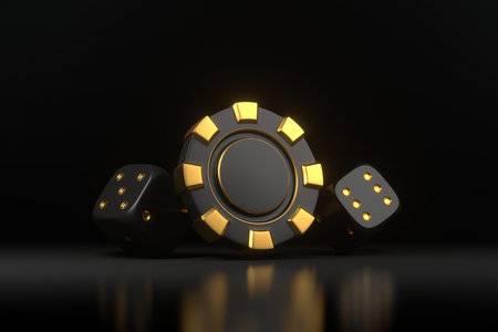 A set of golden dice and a casino chip with gold accents, set against a dark black background, symbolizing luxury gambling. 3D render illustrationの写真素材
