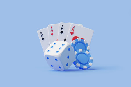 Elegant display of white and gold casino items, including poker chips, dice, and playing cards with...
