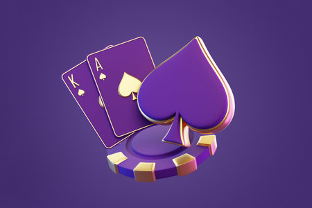 Elegant purple and gold card set featuring king and ace of spades on a poker chip, ideal for luxury casino themes. 3D render illustrationの写真素材