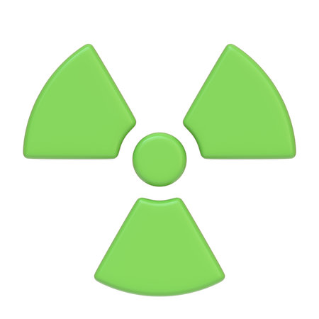 Green radioactive hazard symbol, representing nuclear radiation danger, isolated on a white background. 3D icon, sign and symbol. Front view. 3D render illustrationの写真素材