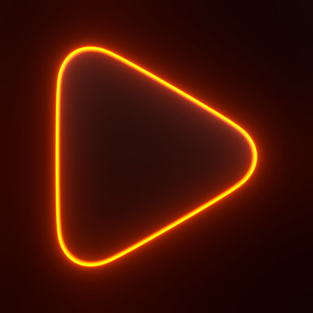 Bright orange neon play button icon glowing against a dark background, symbolizing media, video playback, and futuristic design. 3D icon, sign and symbol. 3D render illustrationの写真素材