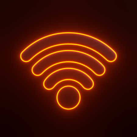A bright orange neon Wi-Fi signal icon glowing against a dark background, representing wireless internet connectivity and technology. 3D icon, sign and symbol. 3D render illustrationの写真素材