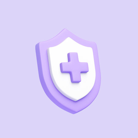Purple shield with a medical cross symbol, representing healthcare, medical protection, and health insurance concepts. 3D icon, sign and symbol. 3D render illustrationの写真素材