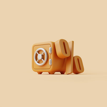 Orange safe with a percentage symbol, representing savings, interest rates, and financial security on a neutral background. 3D render illustrationの写真素材