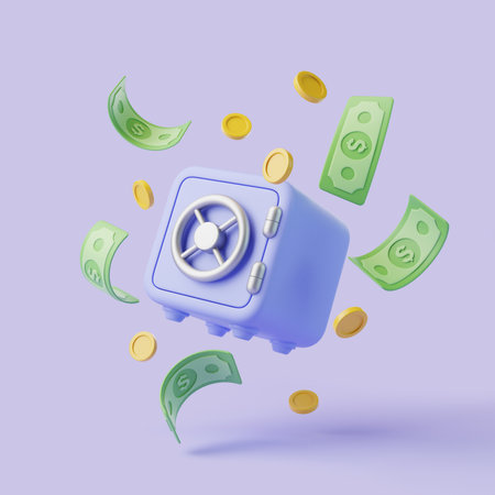 Blue safe surrounded by floating dollar bills and coins, representing wealth, savings, or financial success. 3D render illustrationの写真素材