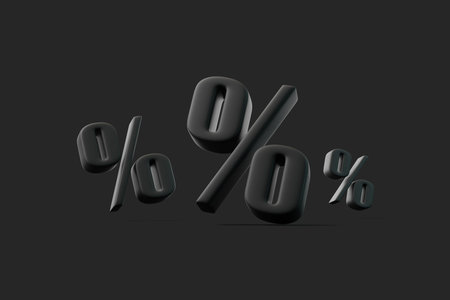 Three black percent signs on a dark background, symbolizing percentages, discounts, finance,...