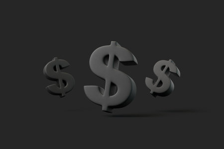 A trio of black dollar symbols floating against a dark background, representing wealth, finance, and global economics. 3D render illustrationの写真素材