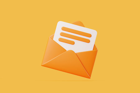 Orange envelope containing a document with text lines, symbolizing email, message, or correspondence on a yellow background. 3D render illustrationの写真素材