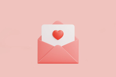 Pink envelope holding a white card with a red heart icon, symbolizing love, romance, or affection. 3D render illustrationの写真素材
