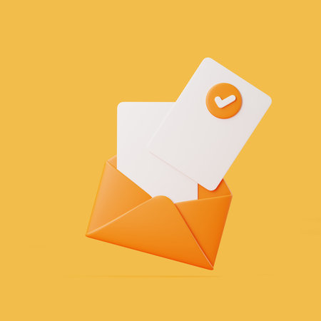 Orange envelope containing two cards, one marked with a check, on a yellow background, representing approval or confirmation. 3D render illustrationの写真素材