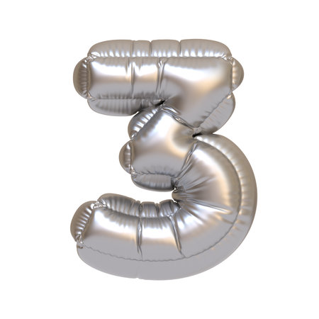 Shiny silver foil balloon in the shape of the number 3, isolated on a white background, perfect for birthdays and celebrations. 3D render illustrationの写真素材