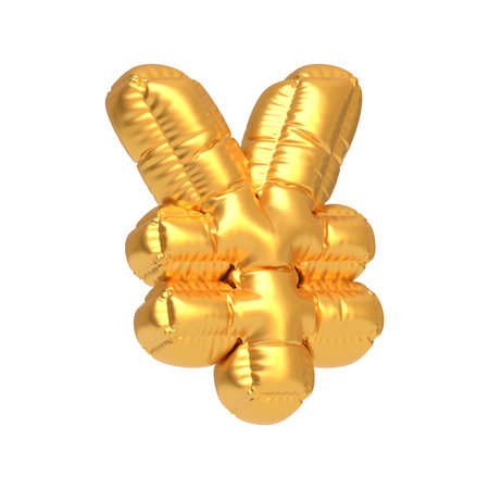 Shiny gold foil balloon shaped like the Yen currency symbol, perfect for finance themes, celebrations, or business-related decorations. 3D render illustrationの写真素材