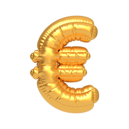 Shiny gold foil balloon in the shape of the euro currency symbol, ideal for financial themes, events, and festive decor. 3D render illustrationの写真素材