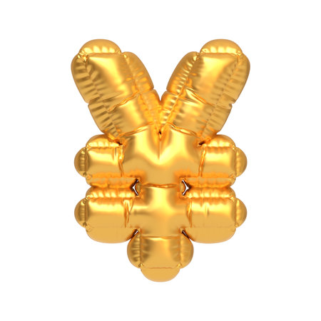 Shiny gold foil balloon shaped like the Yen currency symbol, perfect for finance themes, celebrations, or business-related decorations. 3D render illustrationの写真素材