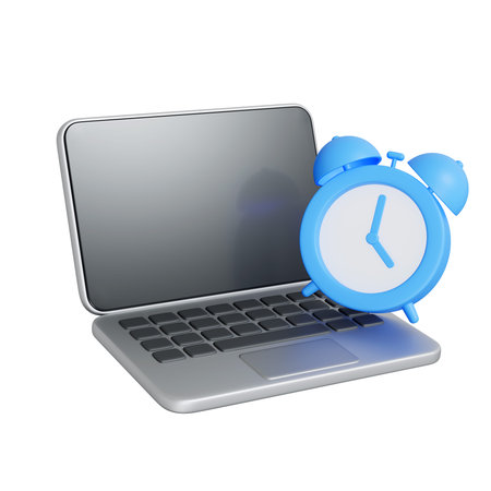 Modern laptop with a bright blue alarm clock, symbolizing time management, productivity, deadlines,...