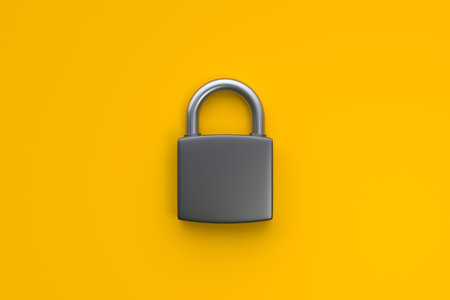 A gray padlock isolated on a vibrant yellow background, symbolizing security, protection, privacy, and data safety concepts. 3D render illustrationの写真素材