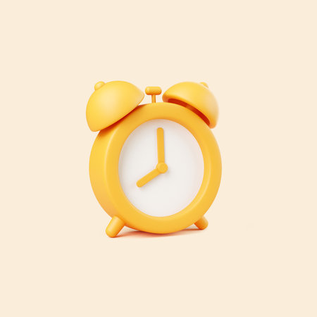 Side view of a cute yellow 3D alarm clock with bells on a light background, minimalist cartoon-style renderの写真素材