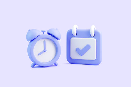 3D purple alarm clock and calendar with check mark on pastel background, symbol of planning and...
